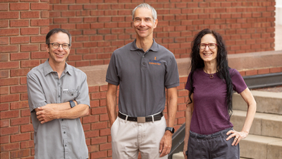 Illinois music professor and composer Stephen Andrew Taylor, chemistry professor and biophysicist Martin Gruebele and Illinois alumna, composer and software designer Carla Scaletti are using sound to depict biochemical processes and better understand them.  Photo by L. Brian Stauffer