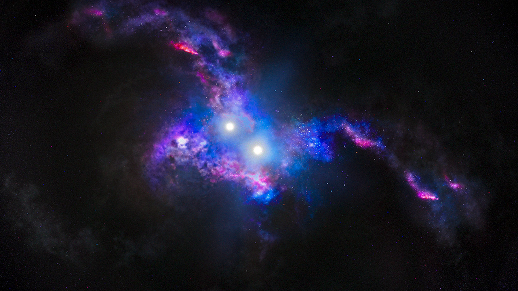 An artist’s conception shows the brilliant light of two quasars residing in the cores of galaxies in the chaotic process of merging. The gravitational tug-of-war between the two galaxies stretches them, forming long tidal tails and igniting a firestorm of star birth.   Graphic courtesy NASA, the European Space Agency and J. Olmstead of the Space Telescope Science Institute.