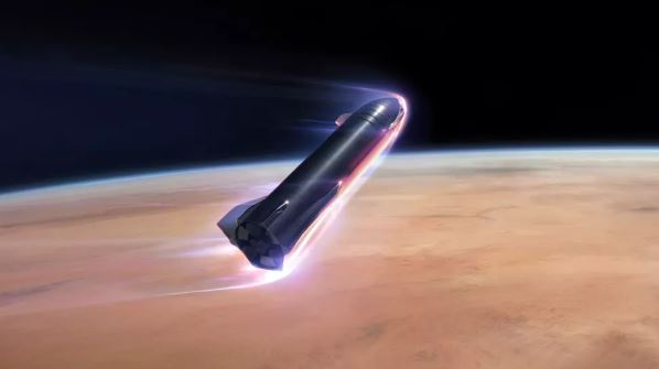 An illustration of a SpaceX Starship entering Mars' atmosphere and decelerating aerodynamically. (Image credit: SpaceX)