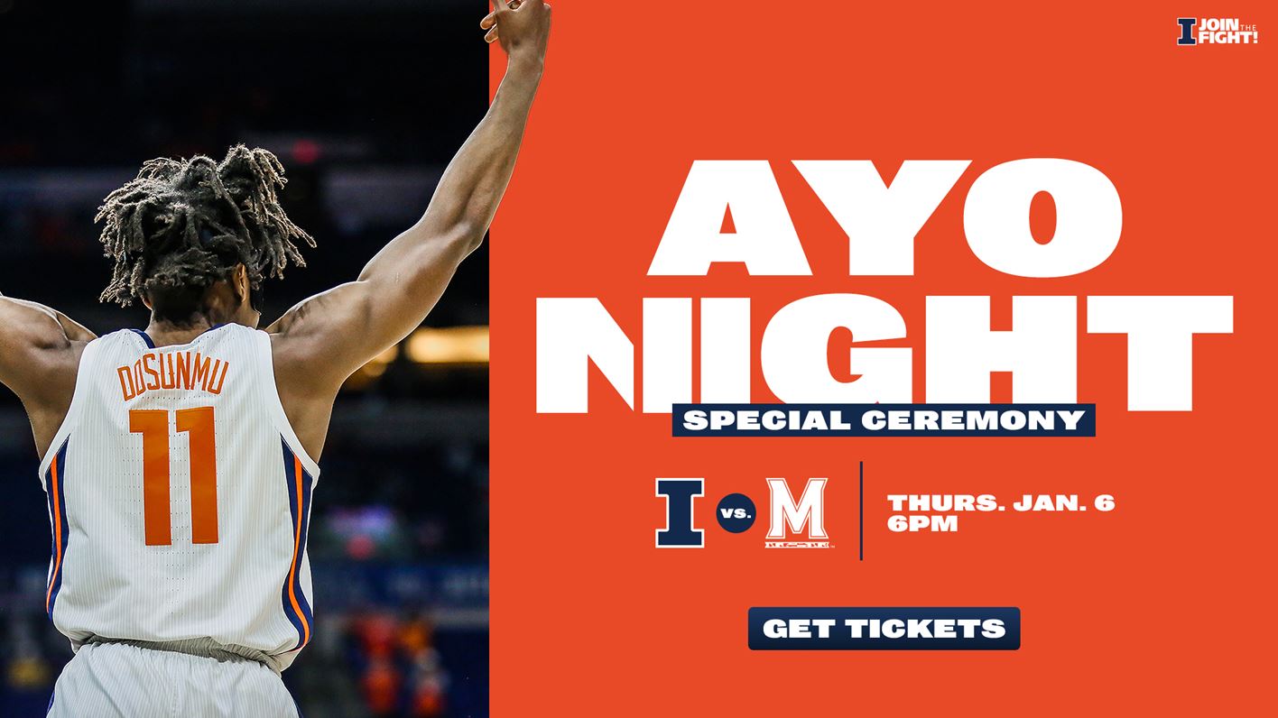 imiage of Ayo Dosunmu, from behind, in Illini jersey, over graphic advertising 'Ayo Night'