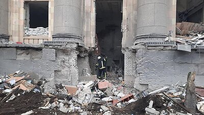 Firefighter enters a badly damaged Kharkiv regional state administration building. Photo via Wikimedia Commons