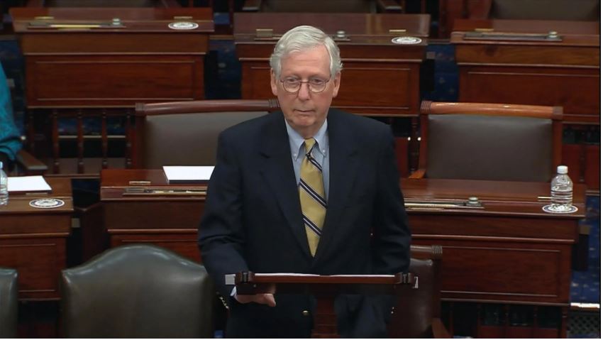 Minority leader Mitch McConnell, speaking on the Senate floor, claims ending the filibuster would bring a “nuclear winter” on the Senate floor. (Photo courtesy WTTW News)