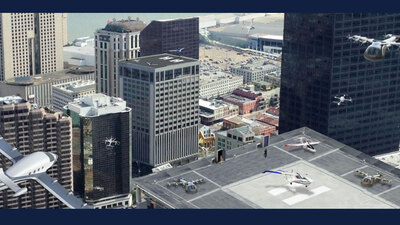 Artist’s conception of an urban air mobility environment, where air vehicles, with or without onboard pilots, carrying out a variety of missions can interact safely and efficiently. Credit: NASA