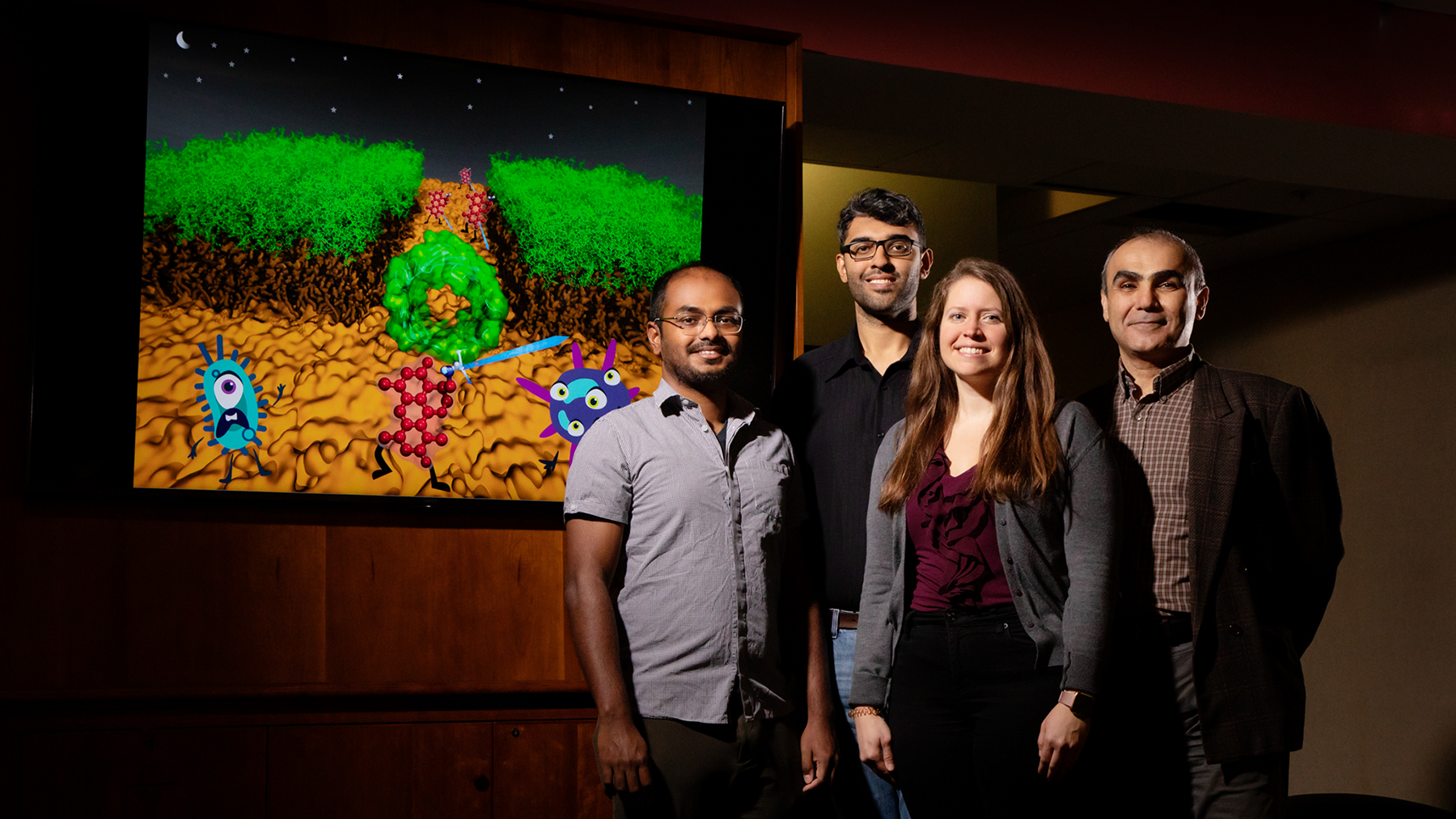 The research team, including, from left, Nandan Haloi, Archit Kumar Vasan, Emily Geddes and Emad Tajkhorshid. Photo by Brian Stauffer