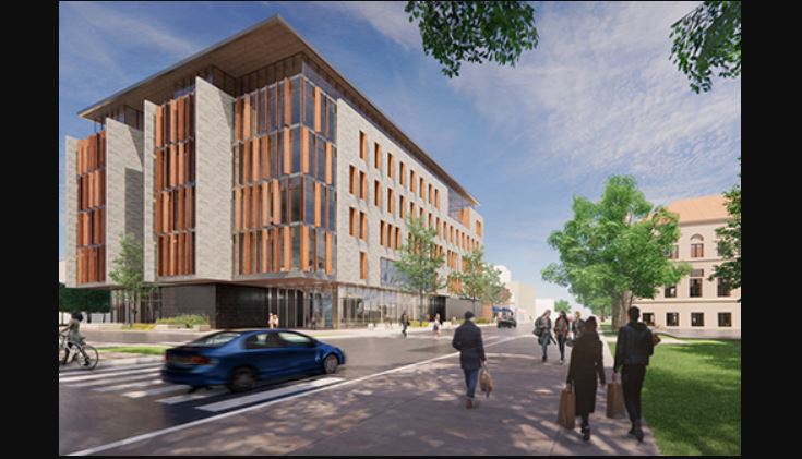A conceptual rendering of the exterior of the new Illini Hall, viewed from the southeast. (Image by CannonDesign.)