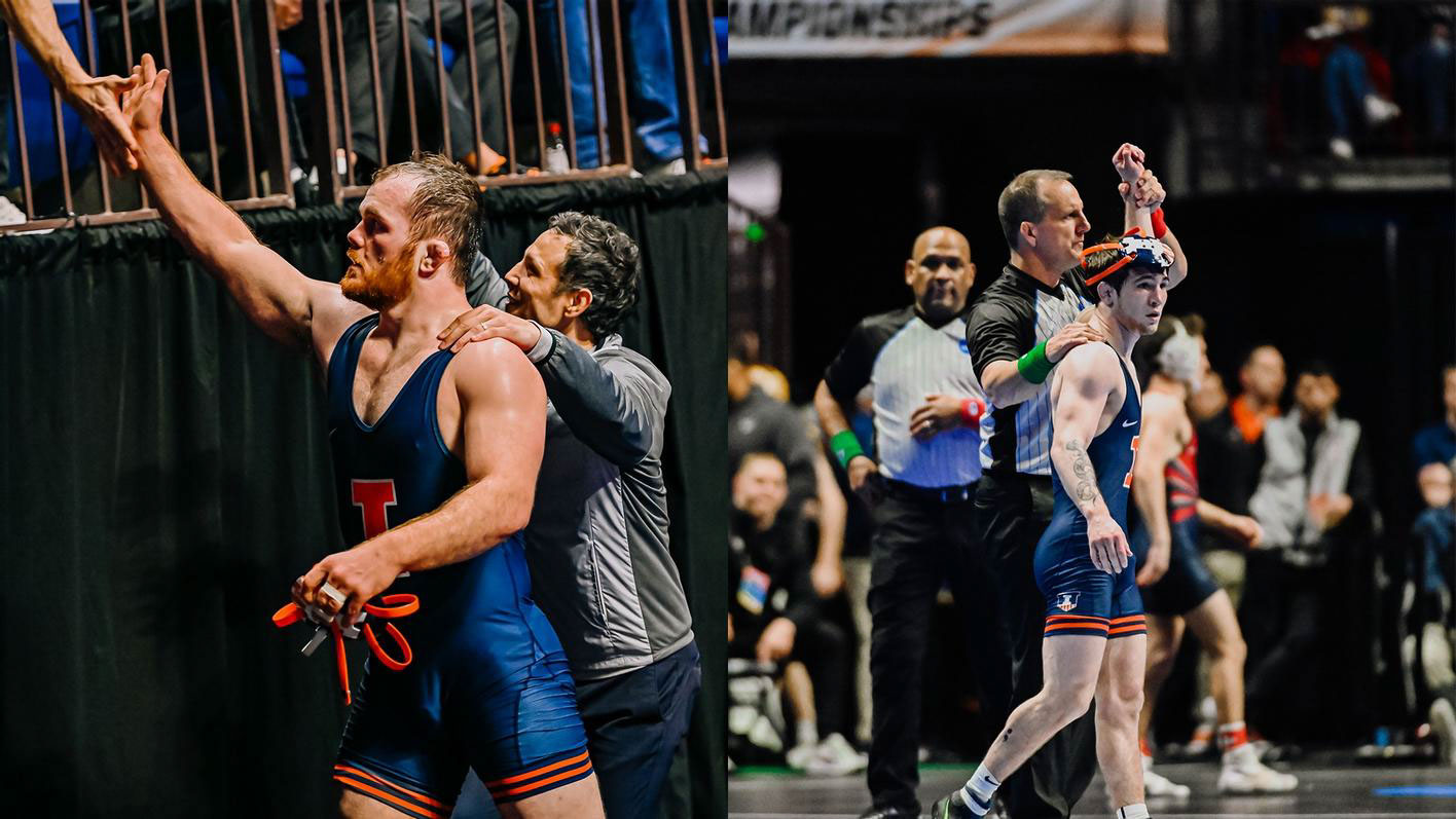 two images side-by-side. Braunagle and Byrd each shown after winning their match