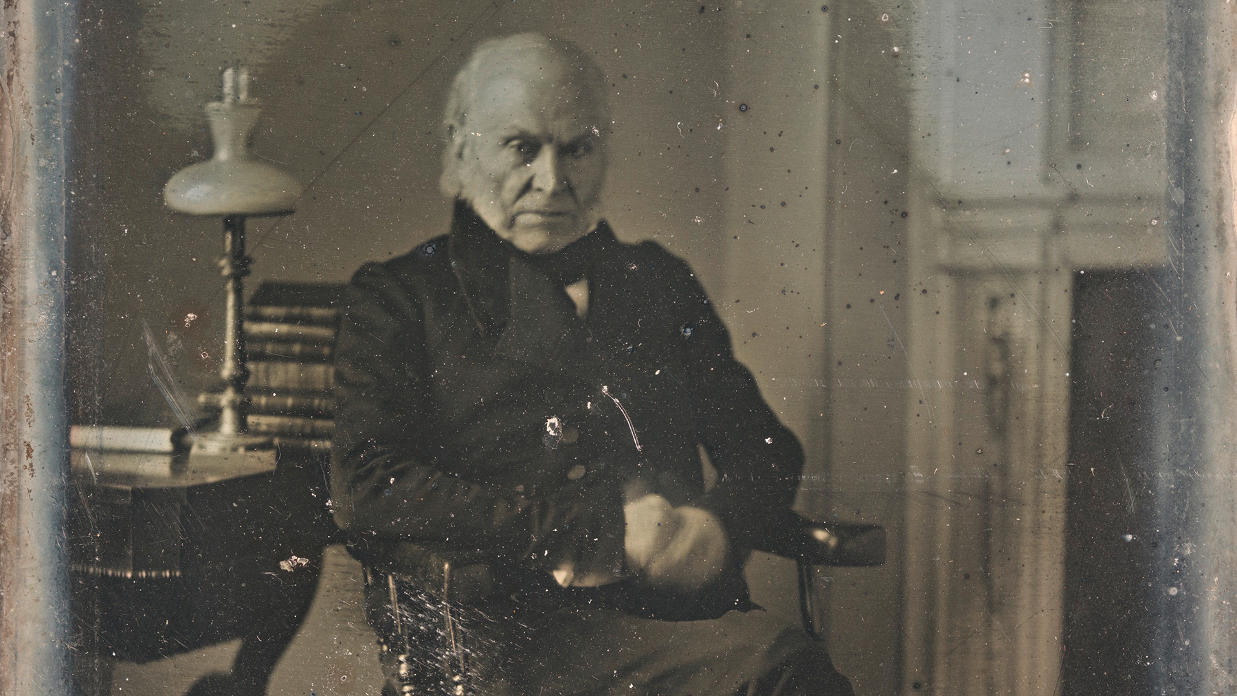 John Quincy Adams, in the earliest still-existing photo of a president, taken more than a dozen years after his term. Daguerreotype by Philip Haas, 1843, courtesy National Portrait Gallery, Smithsonian Institution