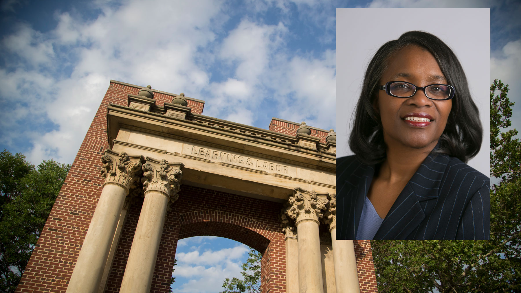 Portrait of Venetia Patton over larger image of the Hallene Gateway at Illinois. Portrait provided without credit.