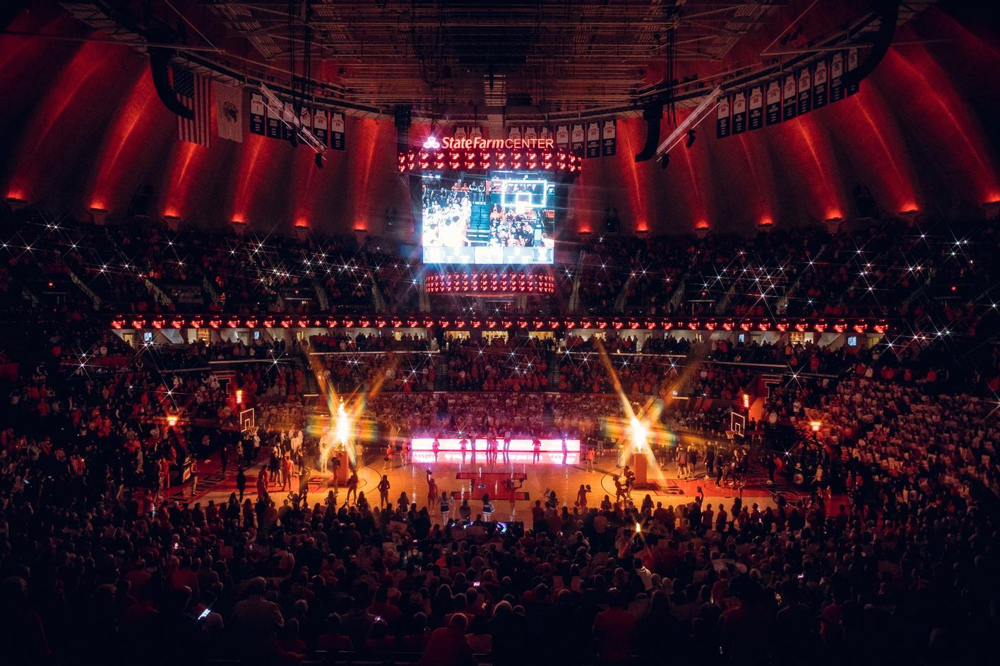 State Farm Center, full to capacity, during a post-game awards ceremony