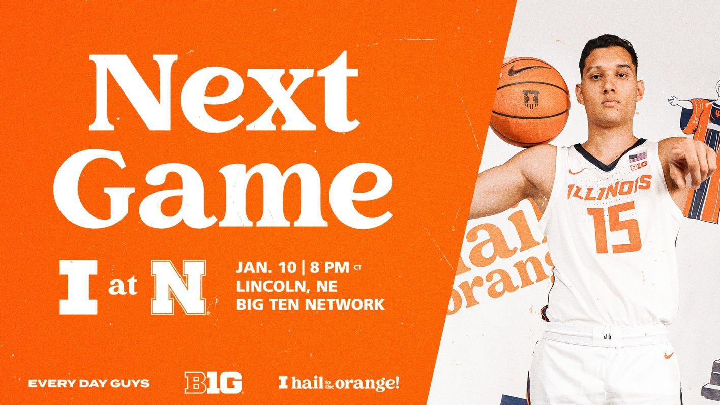 sophomore guard RJ Melendez featured in graphic promoting the Illinois-Nebraska game on Jan. 10, 2023
