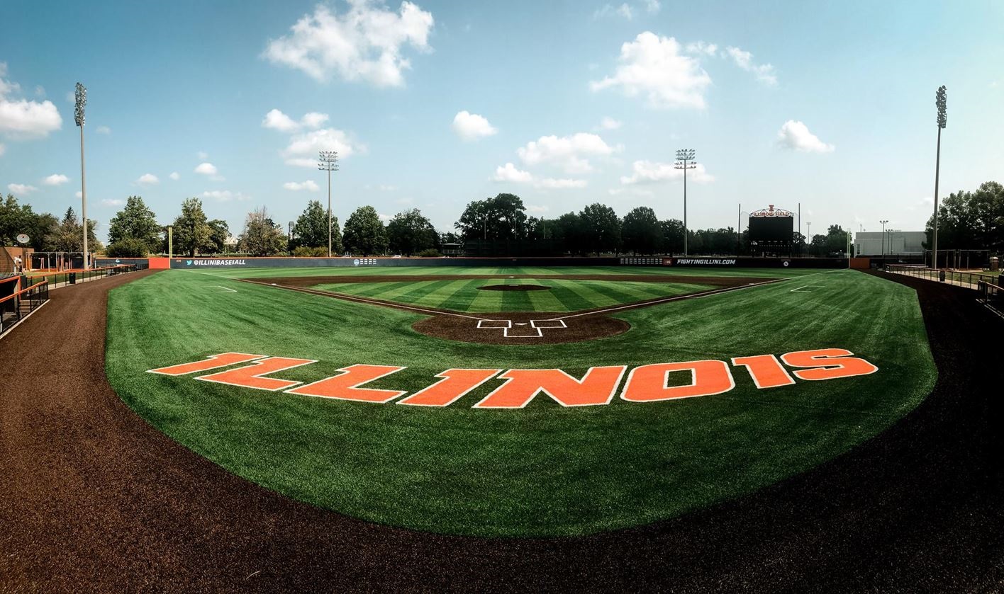'fish eye' camera view of Illinois field from behind home plate