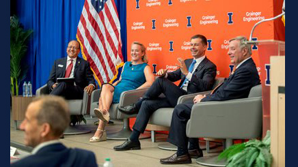Engineering Dean Rashid Bashir, U.S. Representative Nikki Budzinski, Secretary of Transportation Pete Buttigieg, and U.S. Senator Dick Durbin at TRANS-IPIC event. Photo by Heather Coit