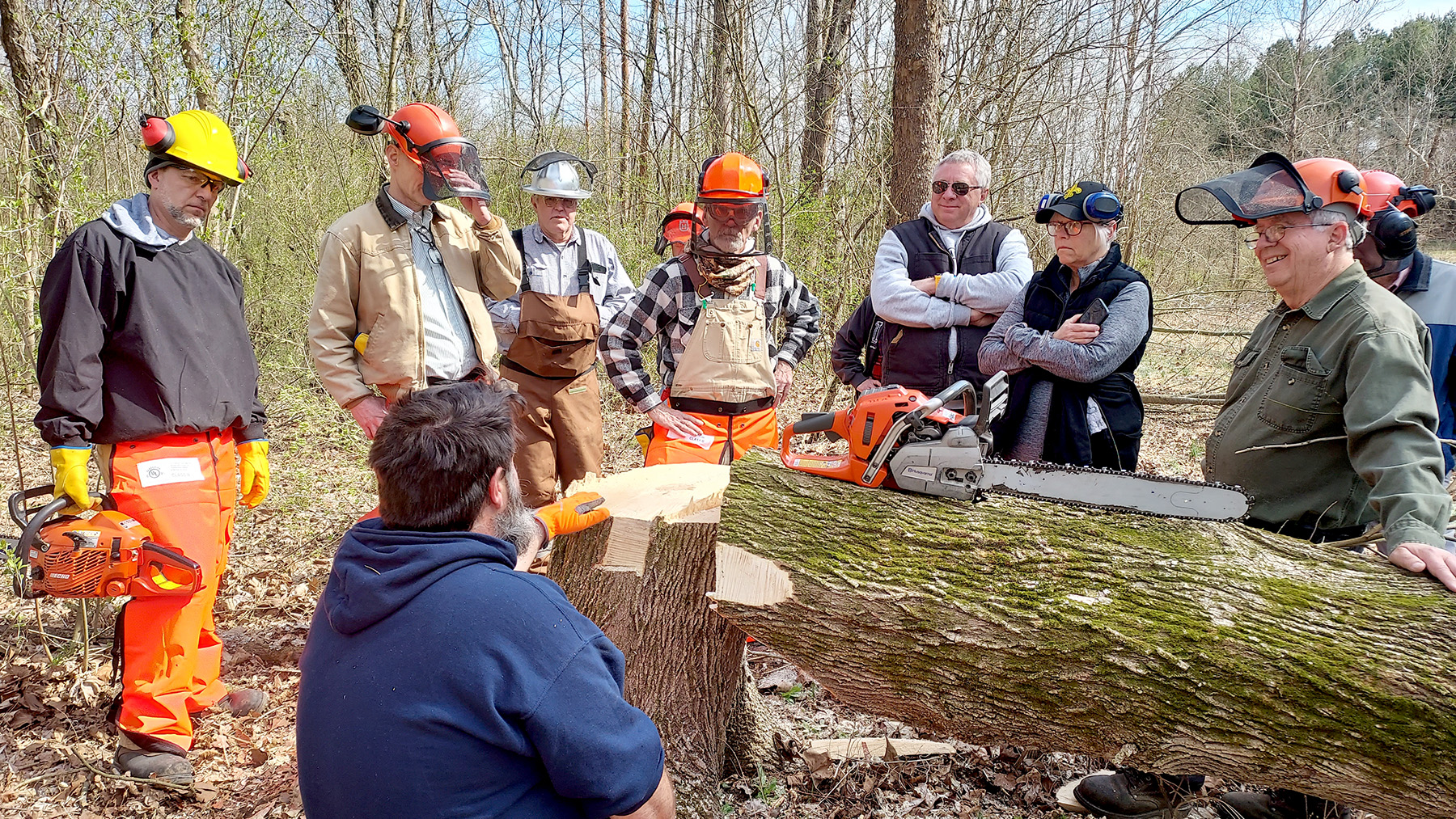 Evans teaching landowners about the safe use of chainsaws. Photo by Taryn Bieri, University of Illinois