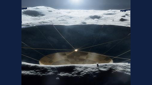 Conceptual art of Lunar Crater Radio Telescope on the far side of the moon. Artist credit: Vladimir Vustyansky