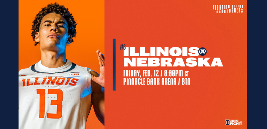 redshirt freshman Benjamin Bosmans-Verdonk featured on graphic promoting Illinois vs. Nebraska game on 2/12/202`