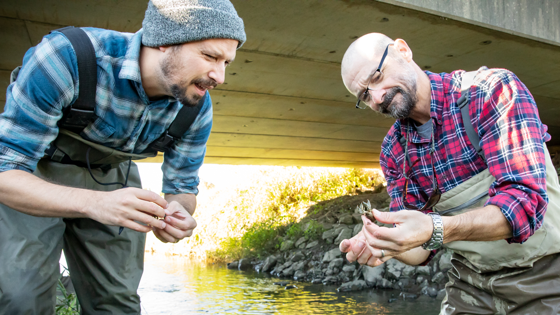 Eric Larson, left, and Christopher Taylor inspect a captured crayfish.  Photo by L. Brian Stauffer