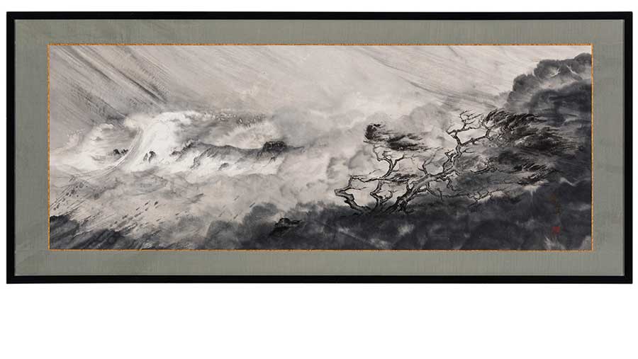 Shozo Sato, Fury of the Pacific, 1994. Blue tone ink, standard in, and silver pigment on sized, pre-mounted paper. Courtesy of the artist.