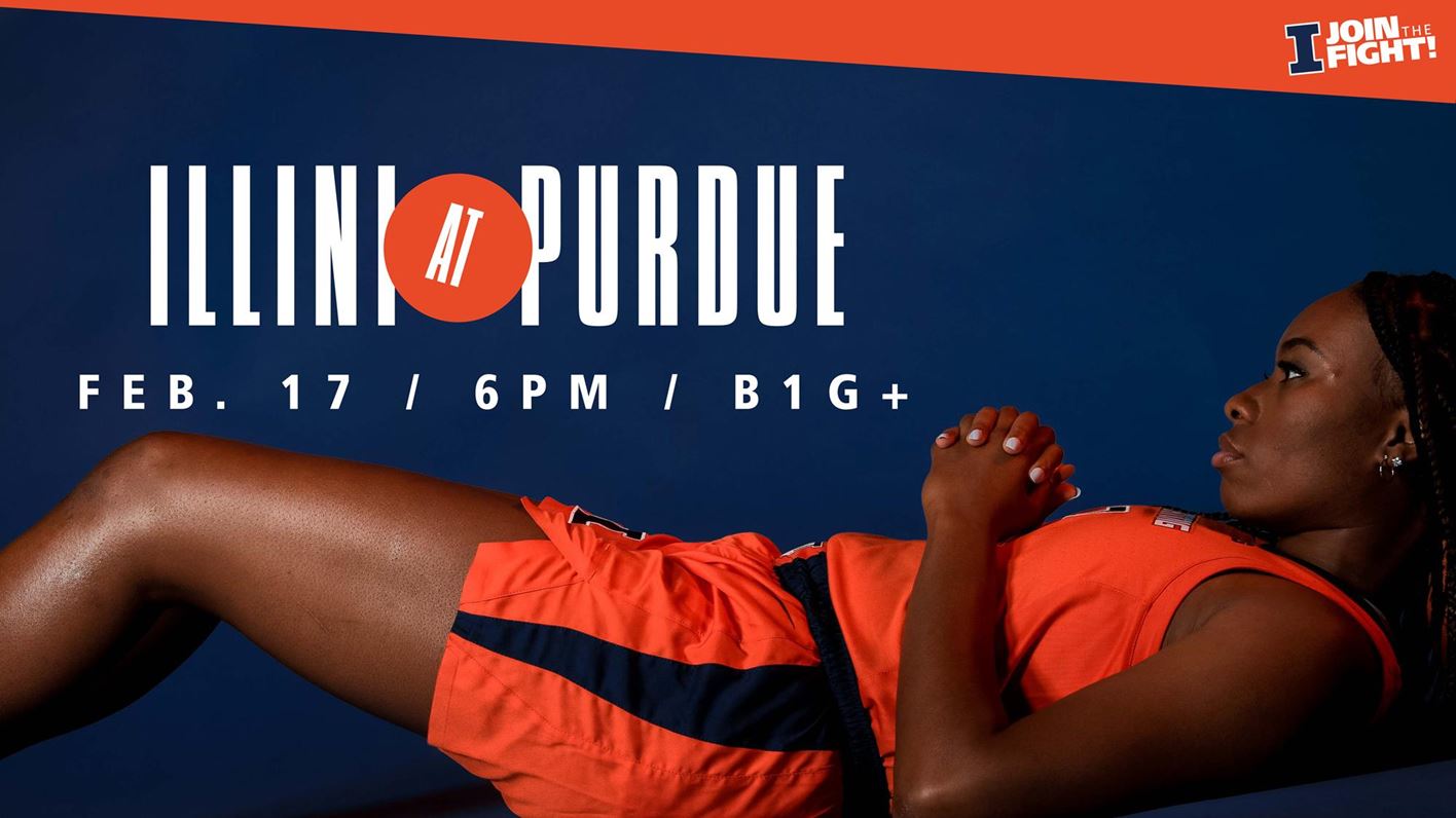 graphic promoting women's basketball vs Purdue on Thursday, Feb. 17, features an Illini player laying down for some reason that is not apparent