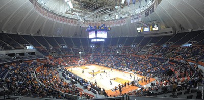 wide shot of the State Farm Center during a women's basketball game