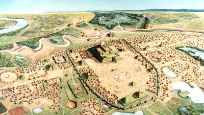 Painting of Cahokia by William R.  Iseminger, courtesy of Cahokia Mounds State Historic Site