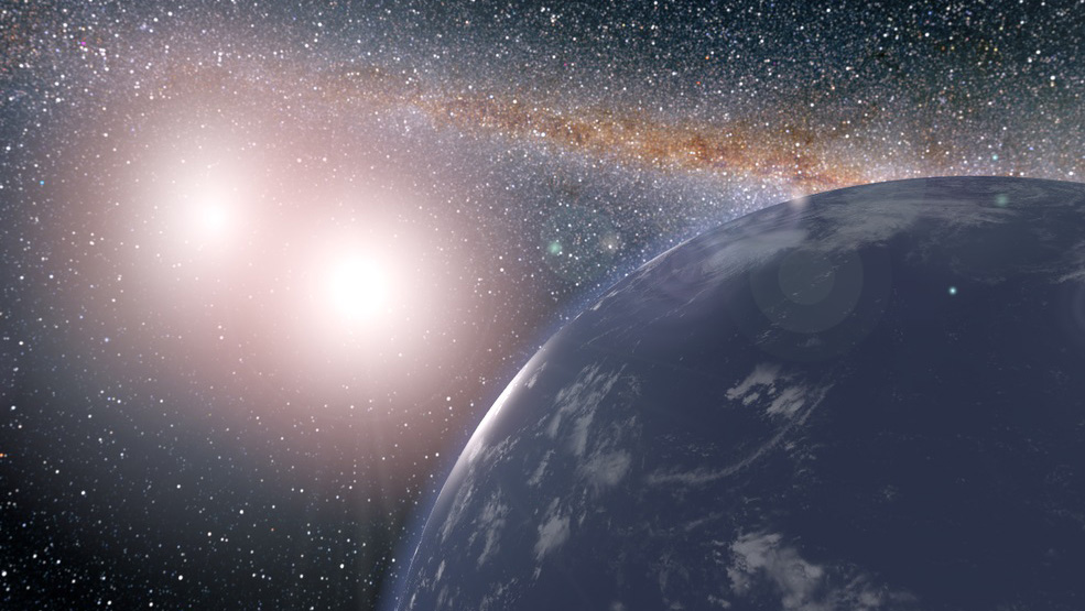 Artist's concept of hypothetical planet covered in water around the binary star system of Kepler-35A and B. Credits: NASA/JPL-Caltech/Siegfried Eggl