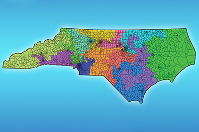 color map shows a possible redistricting configuration for North Carolina