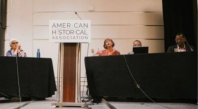 Medieval Studies expert Carol Symes speaks as part of a panel at the meeting of the American Historical Association. credit Michelle Gustafson for The New York Times