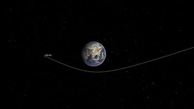 This illustration shows asteroid 2020 QG's trajectory bending during its close approach to Earth. The asteroid is the closest known non-impacting asteroid ever detected. The asteroid passed by 1,830 miles above the southern Indian Ocean on Sunday, Aug. 16, 2020. Image credit: NASA/JPL-Caltech