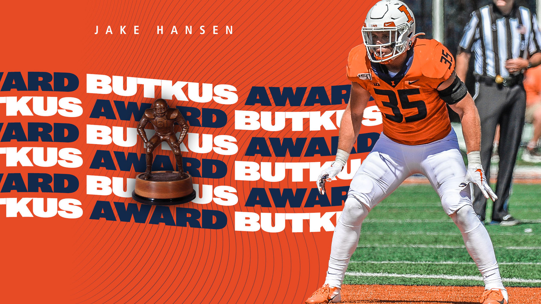Hanson awaiting a play. Image over Butkus Award graphic