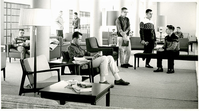 dorm lounge circa 1960s, provided by the University of Illinois Archives