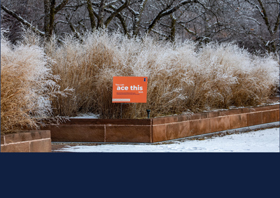 COVID testing sign in a snowy campus setting. Photo by Fred Zwicky