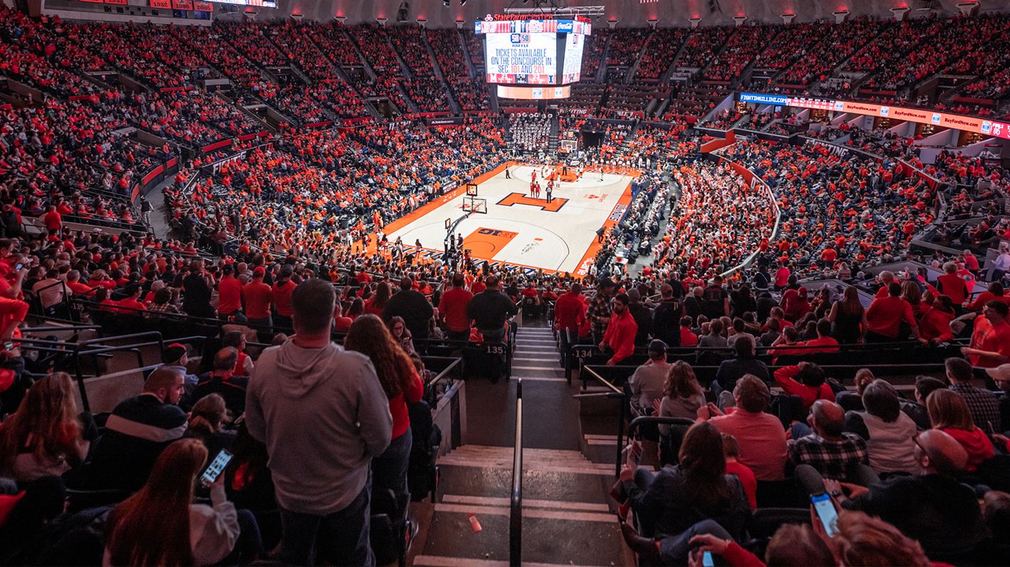 wide shot of State Farm Center during a Fighting Illini game