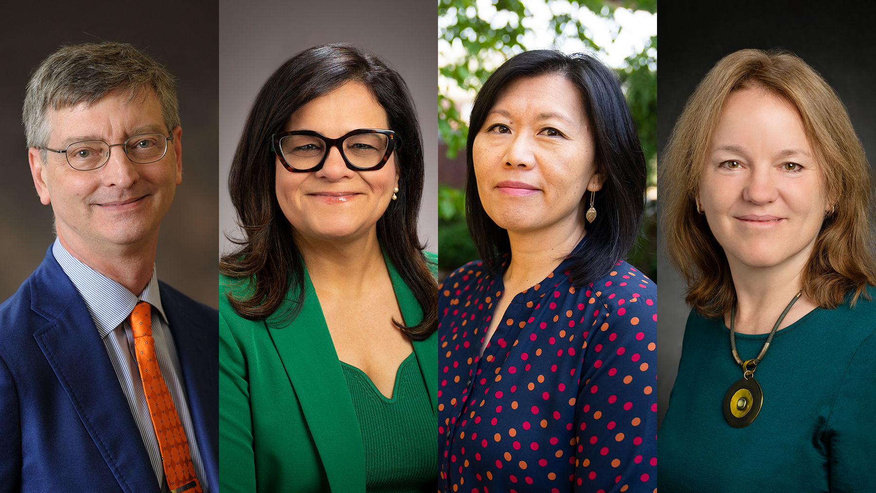 Four University of Illinois Urbana-Champaign faculty members were honored by the Office of the Provost with the 2023 Campus Awards for Excellence in Faculty Leadership. From left, William Gropp; Mariselle Meléndez; Yoon Pak; and Tandy Warnow.  Photo collage by Michelle Hassel