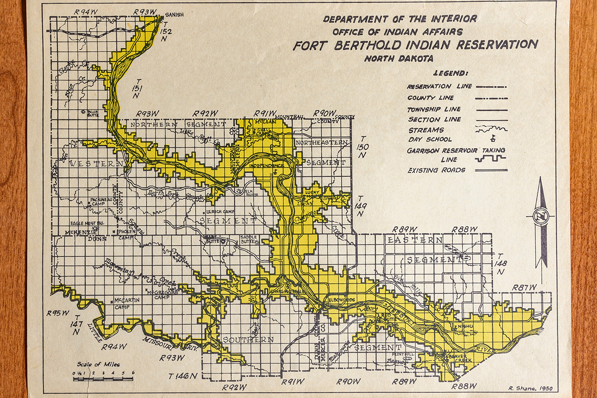 The materials collected by anthropology graduate students in the late 1960s include a map of the Fort Berthold Indian Reservation in North Dakota. Map of Fort Berthold Indian Reservation, 1950, Box 48, Doris Duke Indian Oral History Program Archives, Record Series 15/2/32, University of Illinois Archives.