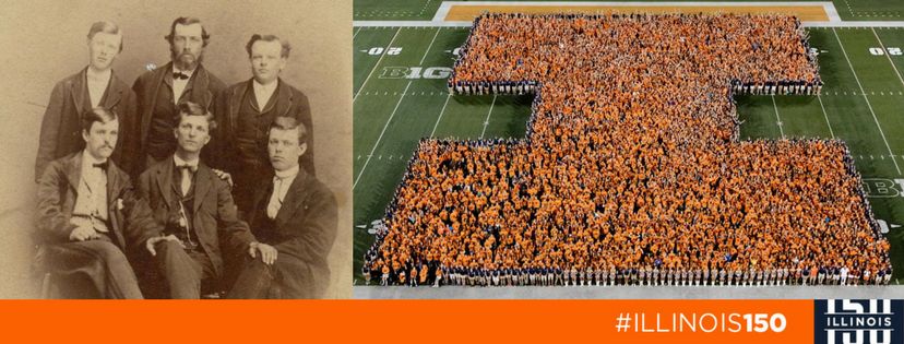 Left photo: University of Illinois agriculture students in 1868. Right photo: the Class of 2020 during the fall 2016 Sights and Sounds event