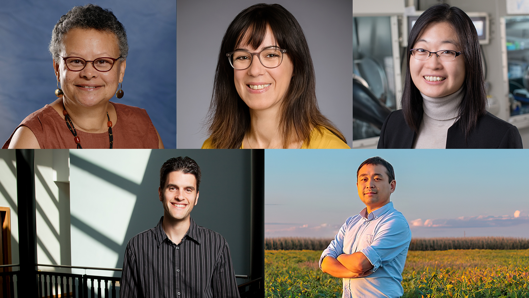 Five University of Illinois Urbana-Champaign professors have been named University Scholars. Top, from left to right: Merle Bowen, African American studies; Cecilia Leal, materials science and engineering; and Ying Diao, chemical and biomolecular engineering. Bottom row, left to right: Brian Ogolsky, human development and family studies; and Kaiyu Guan, natural resources and environmental studies  Bowen photo by Della Perrone; Leal, Diao and Ogolsky by L. Brian Stauffer; and Kaiyu Guan by Chris Brown Photography, courtesy of NCSA.