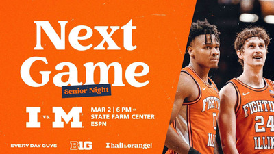 Terrence Shannon Jr. and Matthew Mayer stand beside each other on court in photo featured in larger graphic promoting the final Illini home game of the season