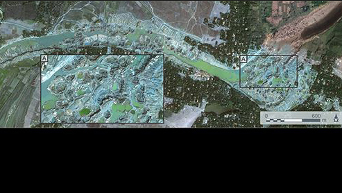 SkySat imagery (0.7m resolution) showing the scars of sand mining in the Lubha River, northern Bangladesh. Photo courtesy Planet Labs, Inc.