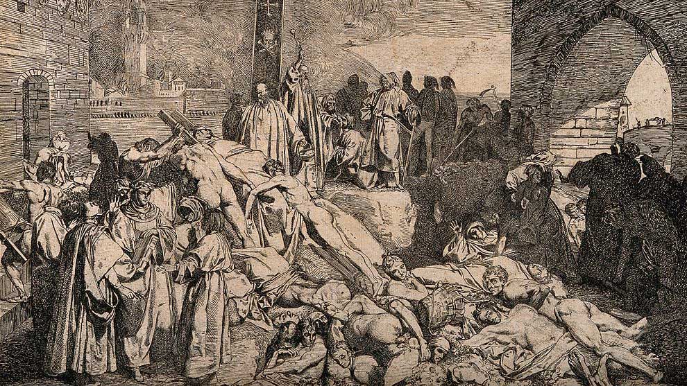 The plague of Florence, 1348; a scene from Boccaccio's Decameron. Etching by L. Sabatelli the elder after G. Boccaccio.