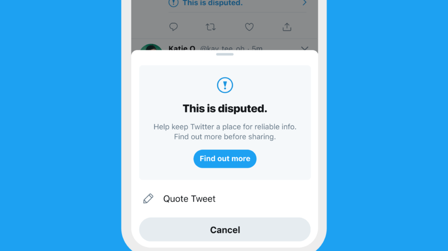 example of a 'disputed content' warning on Twitter. Image by Twitter
