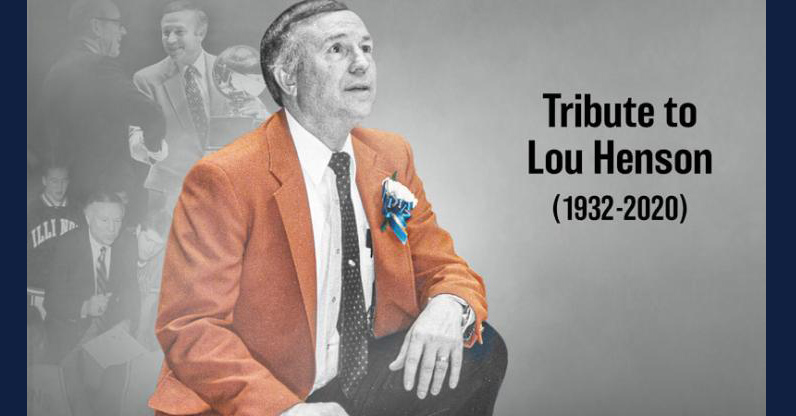 graphic with text, "Lou Henson Tribute." Features image of Lou Henson coaching his last game at Illinois.