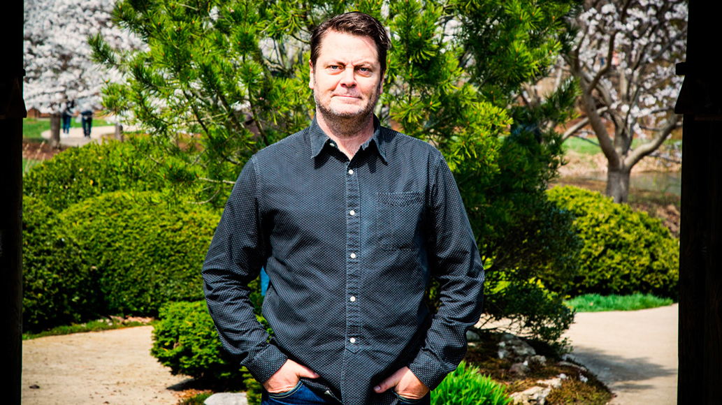 Actor Nick Offerman on the grounds of Japan House at the University of Illinois. Photo by Brian Stauffer