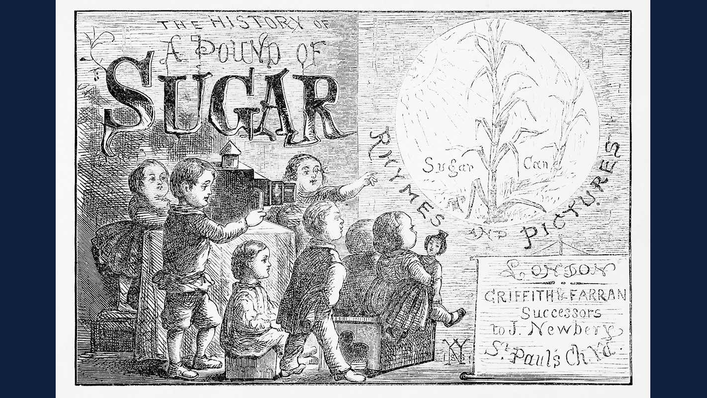 The cover illustration of “The History of a Pound of Sugar” (1861), by William Newman, shows white English children watching a magic lantern show about sugar cane.  Courtesy Elizabeth Hoiem
