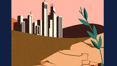 graphic of urban area with weeds growing through cracked earth. By Michael Vincent