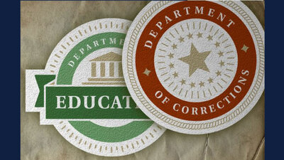 unofficial logos for Department of Education and Department of Corrections. ILLUSTRATION BY RON CODDINGTON, THE CHRONICLE