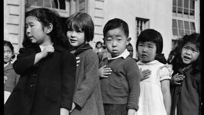 Japanese-American children reciting the Pledge of Allegiance. Photo by Dorthea Lange