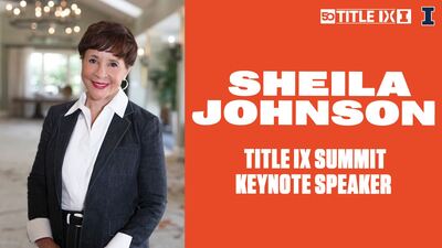 image of Sheila Johnson beside graphic announcing her role in the Title IX Summit planned for this summer.