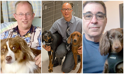 three images of three researchers, each posing with dogs