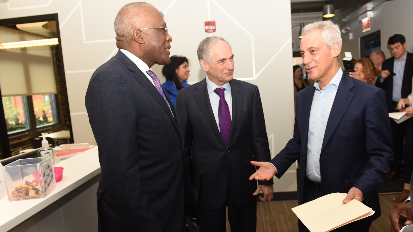 Illinois chancellor Robert Jones, University of Chicago President Robert Zimmer, and Chicago Mayor Rahm Emmanuel