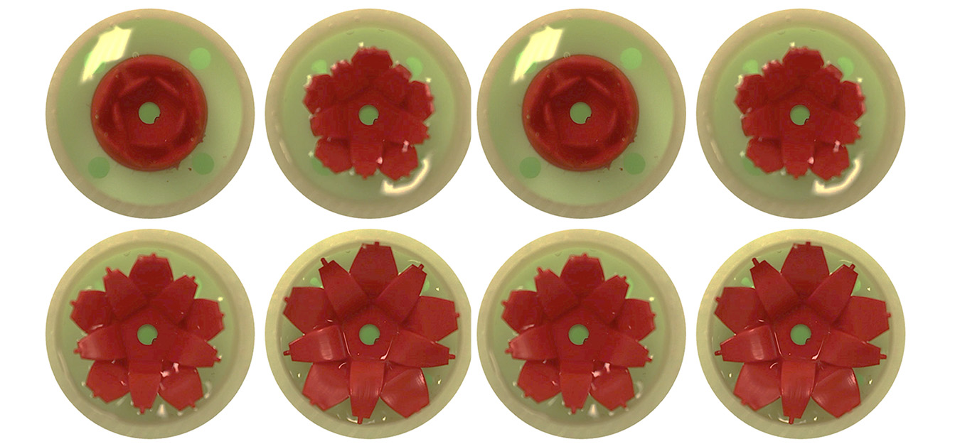 engineers have developed a new breed of display screens that use flexible fins, varying temperatures and liquid droplets that can be arranged in various orientations to create images. The control is precise enough to achieve complex motions, like simulating the opening of a flower bloom.  Image courtesy Sameh Tawfick